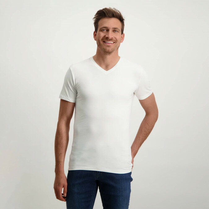 T-shirt-Col-en-V-uni---blanc-uni